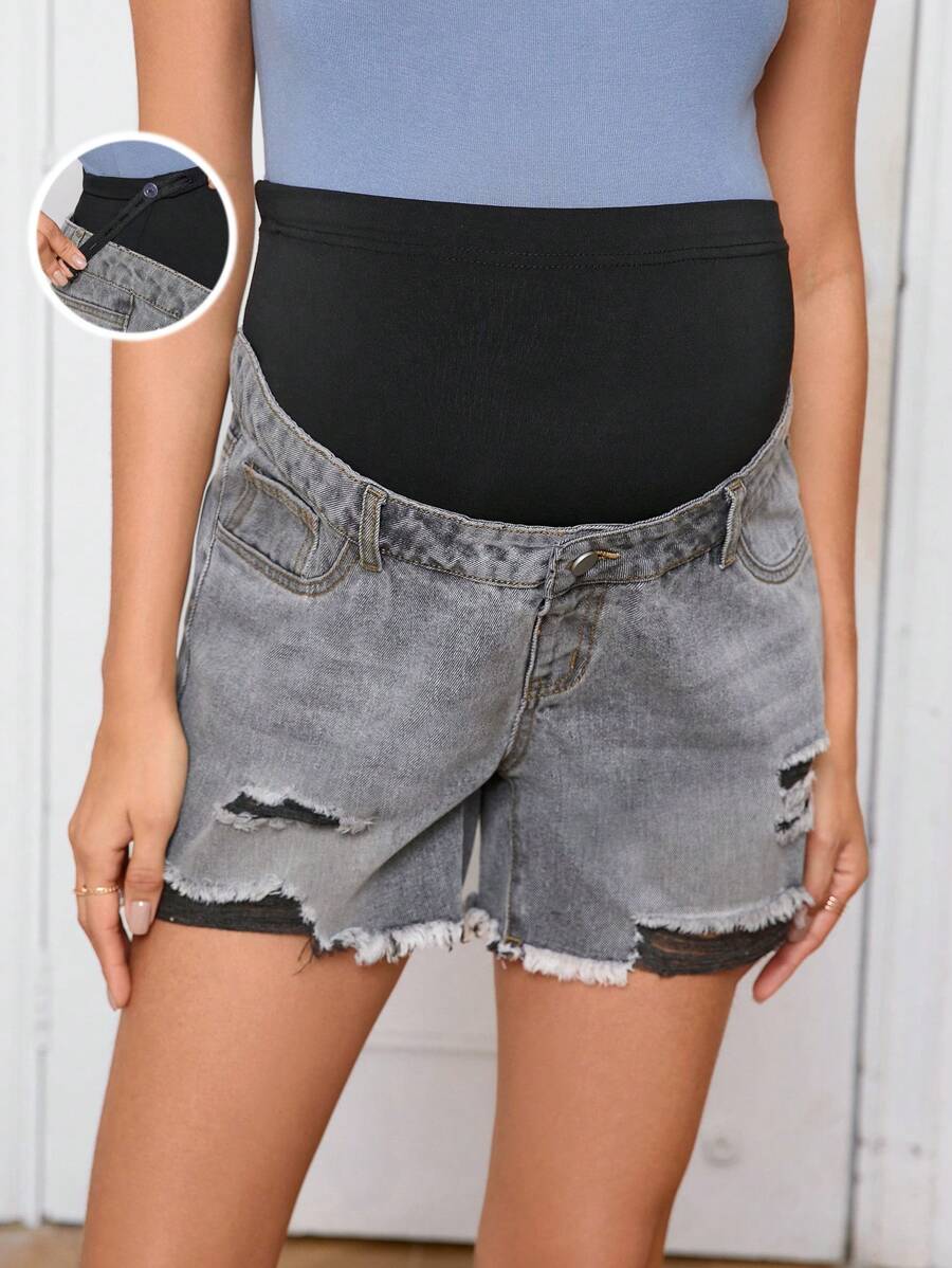 SHEIN Maternity Ripped Raw Hem Denim Shorts - Light Grey - View 1