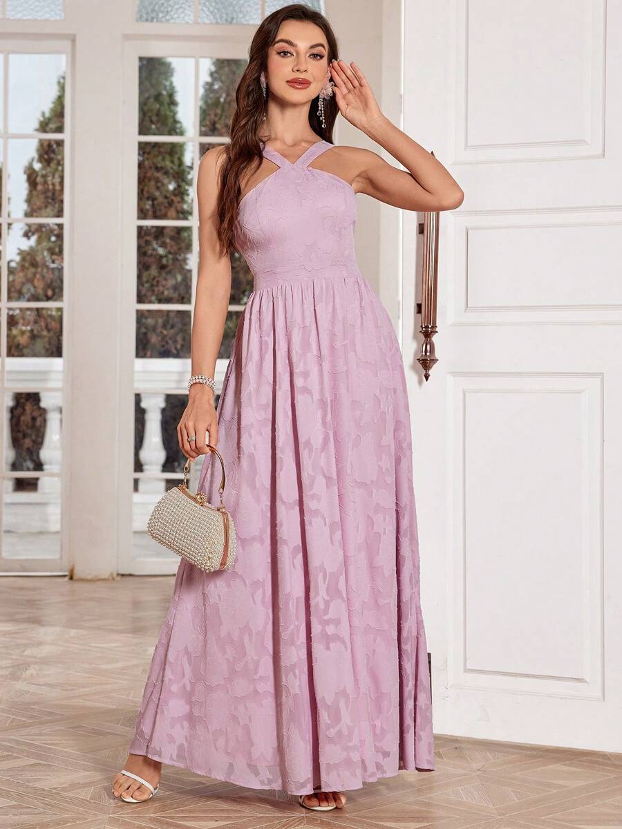 Slim Fit A-Line Floral Long Evening Dress - Dusty Pink - View 1