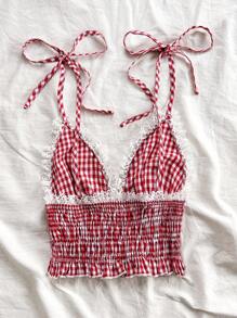 Soleia Red Plaid Lace-Up Waist Bow Tie Pleats Ruffle Romantic Casual Countryside Vacation Women's Camisole Summer Clothes