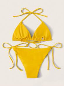 SHEIN Swim 夏日海灘三角繫帶比基尼 - 黃色 - 查看 2