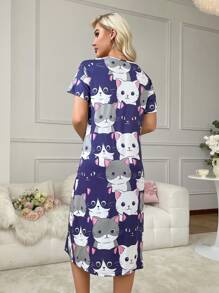 Women's Short Sleeve Sleep Dress Pajama Dress With Cat Pattern - Multicolor - View 2