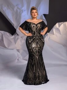 Glamrae 加大码黑色透明奢华图案深 V 领荷叶边袖优雅美人鱼晚礼服正式舞会婚礼宾客礼服，适合毕业典礼、晚宴派对礼服
