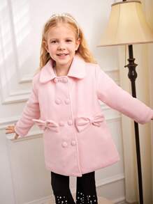 SHEIN Girls' Sweet Ladylike Wide Collar Loose-Fit Drop Shoulder Long Sleeve Thick Woolen Coat With 3D Bow, Solid Color, Autumn/Winter