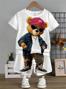 男童（幼童）眼鏡和熊數字印花兩件套裝，時尚與酷感，適用於春夏之季 - 白色 - 查看 1