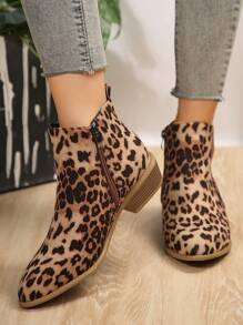 Women's Fashion Leopard Print Pointed Toe Chunky Heel Side Zipper Ankle Boots, Match With Sweater