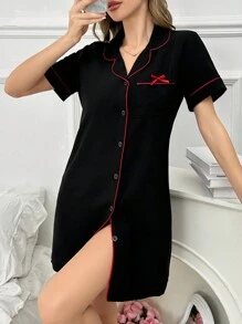 SHEIN Contrast Trimmed Bow Decoration Patch Pocket Turn Down Collar Button Through Women's Sleep Dress Pajama Dress - Black - View 6