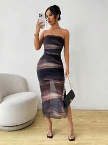 Selianne Tie Dye Printed Strapless Slit Mid-Length Tube Dress Maxi Women Outfit - Brown - View 1