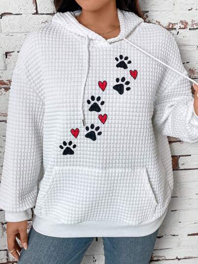 SHEIN LUNE Plus Size Women's Spring/Fall Heart & Paw Print Hooded Pullover Sweatshirt Fall White Women Sweatshirt Travel Airport Hoodies