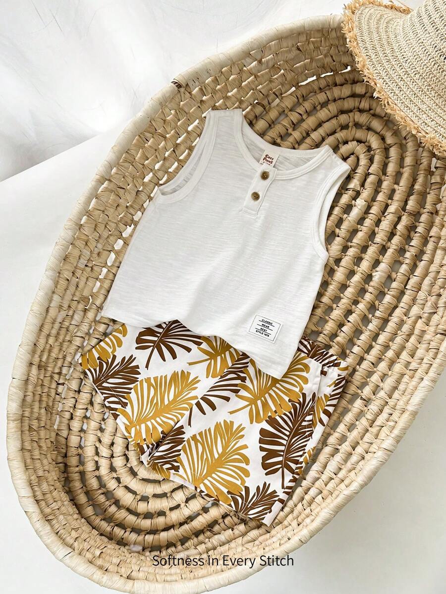 Cozy Pixies 嬰兒男童針織柔軟無袖圓領背心上衣和休閒短褲套裝，半拉鍊款式 - 杏色 - 查看 1