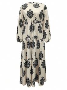 Women's Floral Print Round Neck Long Lantern Sleeve Ruffle Hem Belted Modest Dress - Multicolor - View 3