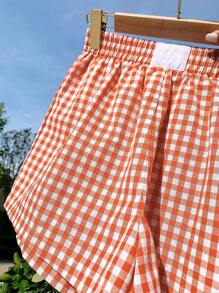 SHEIN EZwear Shorts de verano casuales de cuadros tejidos naranja para mujer