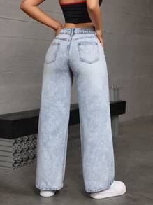 SHEIN EZwear Women's Casual Loose-Fit Wide-Leg Denim Pants With Distressed Pockets - Light Wash - View 2