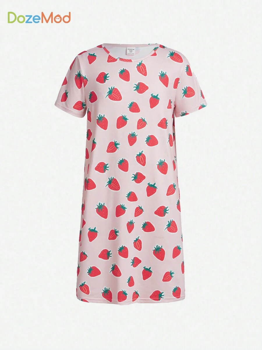 SHEIN Tween Girls' Round Neck Strawberry Pattern Knitted Comfortable Sleep Dress - Pink - View 1