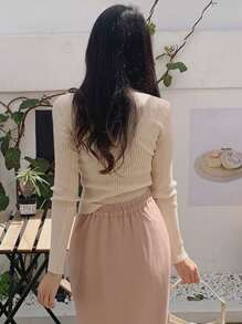 DAZY Women's V-Neck Ribbed Gentle & Elegant Sweater With Pleated Details And Long Sleeves,Fall Women Clothes - Apricot - View 2