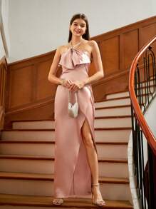 SHEIN High-End Fitted Halter Neck Dress With Diamond Chain, Bowknot Satin Sleeveless Slit Formal Gown, Suitable For Weddings, Galas, Birthday Parties