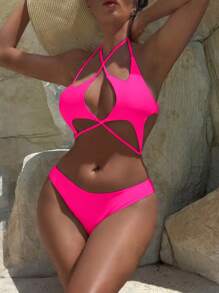 SHEIN Swim Set bikini incrociato a tracolla e halter in tinta unita per la spiaggia estiva delle donne - Fucsia - Visualizzare 1