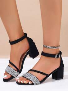 Black High-Heeled Women's Sandals With Rhinestones, Fashionable Fairy Style, Perfect For Summer, Featuring A Cross Buckle Strap And A Mid/Chunky Heel, Comfortable Soft Sole, Suitable For Skirts And Qipao Dress - Black - View 6