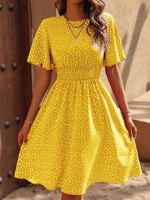 SHEIN LUNE Round Neck Short Sleeve A-Line Dress With Heart Print And Gathered Waist - Yellow - View 1