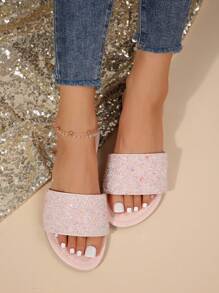 女式扁平涼鞋，夏季開口水鑽低跟皮鞋，圓頭穆勒鞋，舒適的棕色/藍色休閒沙灘鞋，適用於戶外、假期和優雅穿著 - 紫色 - 查看 2