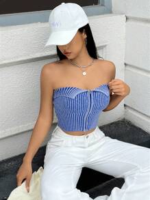 SHEIN EZwear Women's Strapless Two-Tone Knitted Zippered Front Top,Going Out Top - Blue - View 4