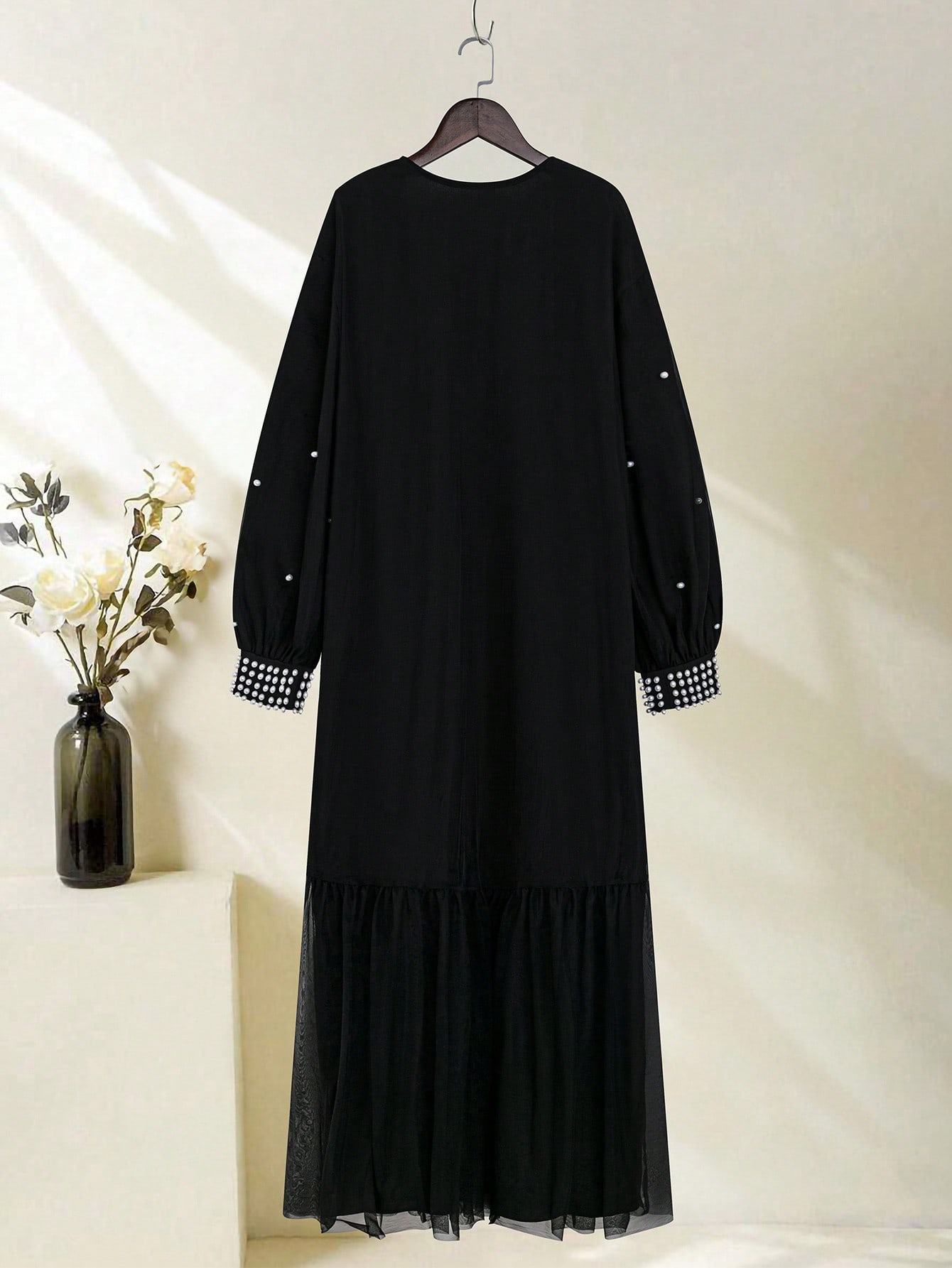 Al Najma عباءة طويلة بأكمام فانوس مزينة بالخرز، قم...