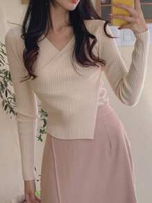 DAZY Women's V-Neck Ribbed Gentle & Elegant Sweater With Pleated Details And Long Sleeves,Fall Women Clothes - Apricot - View 3