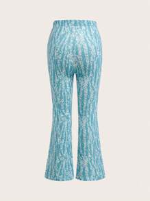 Teen Girl Elegant 2pcs Sparkly Digital Print Top And Furry Flared Pants Ensemble - Green - View 5