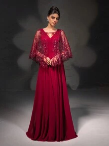 New High-End Red V-Neck Lace Shawl Evening Dress Set - Red - View 4