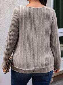 Calvaya Plus Size Women's Spring/Summer Casual Lock Hole Neck Long Sleeve Ribbed T-Shirt Graphic Tees Women Tops For Spring Fall For Women - Apricot - View 2