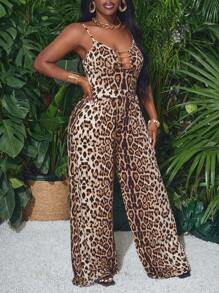 Slaydiva 2024 New Casual Streetwear  Leopard Print Hollow Chest Gold Chain Loose Waist Jumpsuit For Women - Z