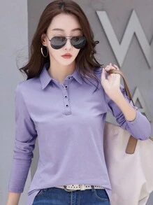 INAWLY 女式春夏纯色长袖休闲 Polo 衫 - 紫色 - 查看 5