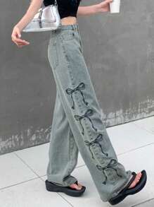 DAZY Quần jeans ống rộng in nơ đơn giản, dáng rộng, có túi cho nữ - Màu xanh lam - Xem 6