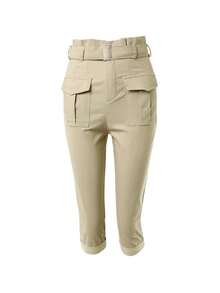 Flap Pocket Belted Capris Pants For Dailywear - Khaki - View 2