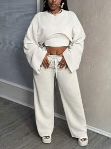 Slaydiva 2024 New Arrival Easter/Western Casual Basic Solid Color Long Sleeve Cropped Top, Cami Undershirt & Loose Pants 3 Piece Women Suit Set