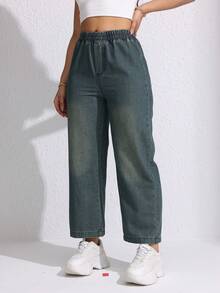 女士休闲宽松松紧腰直筒牛仔裤，适合春夏季 - 軍綠色 - 查看 4