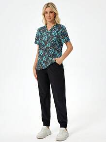 TaskEZ 1 件热带印花抽绳腰部磨砂制服上衣和 1 件运动裤 - 彩色 - 查看 3