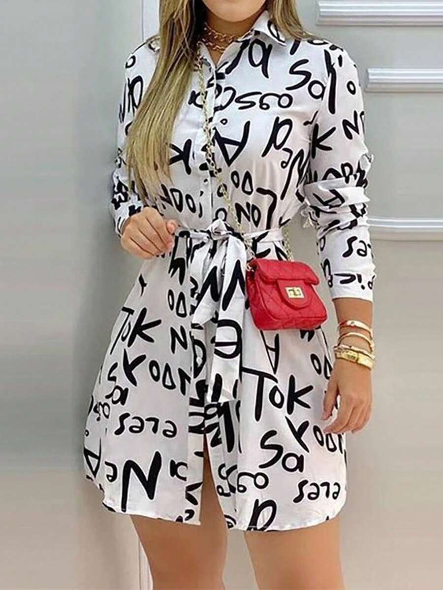 SHEIN LUNE 襯衫領長袖印花釦設計休閒女裝連衣裙 - 黑與白 - 查看 1