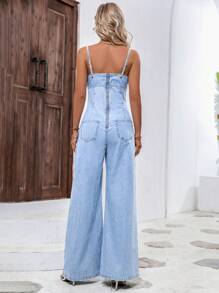 SHEIN Frenchy Bộ áo liền quần denim màu trơn thời trang dành cho nữ với ống rộng và dây đai - Rửa nhẹ - Xem 2