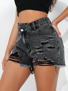 SHEIN EZwear Quần short denim mặc hàng ngày đơn giản và đơn giản cho nữ - màu đen - Xem 2