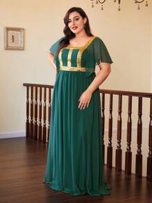 Mgiacy Square Neckline Trumpet Sleeve Gold Woven Ribbon Chiffon Dress - Dark Green - View 6