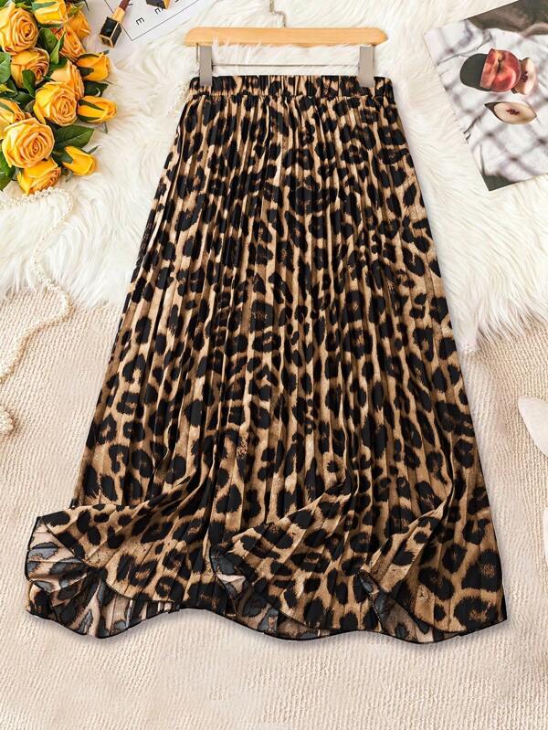 Franclia Falda plisada de estampado de leopardo para mujer, vestimenta de mujer de otoño