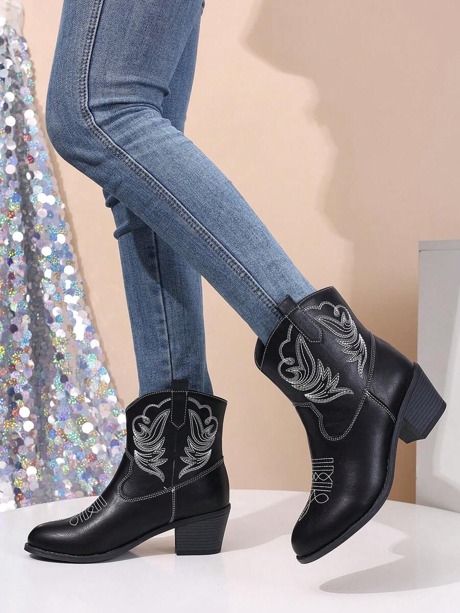Giày bốt cổ ngắn mũi tròn đế giữa không đối xứng họa tiết thêu màu đen thanh lịch thời trang đa năng cho nữ và bốt ngắn - màu đen - Xem 1