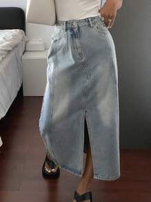 DAZY Women's Denim Skirt With Washed Effect, Front Button Closure, Side Slits And Pockets - Light Wash - View 8