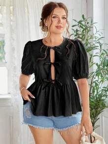 SHEIN Clasi 正面系带泡泡袖荷叶边衬衫荷叶边上衣