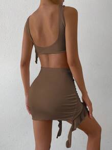 Zolique 女士夏季純色拼接褶皺短款上衣和褶皺臀部短裙套裝 - 咖啡棕 - 查看 2