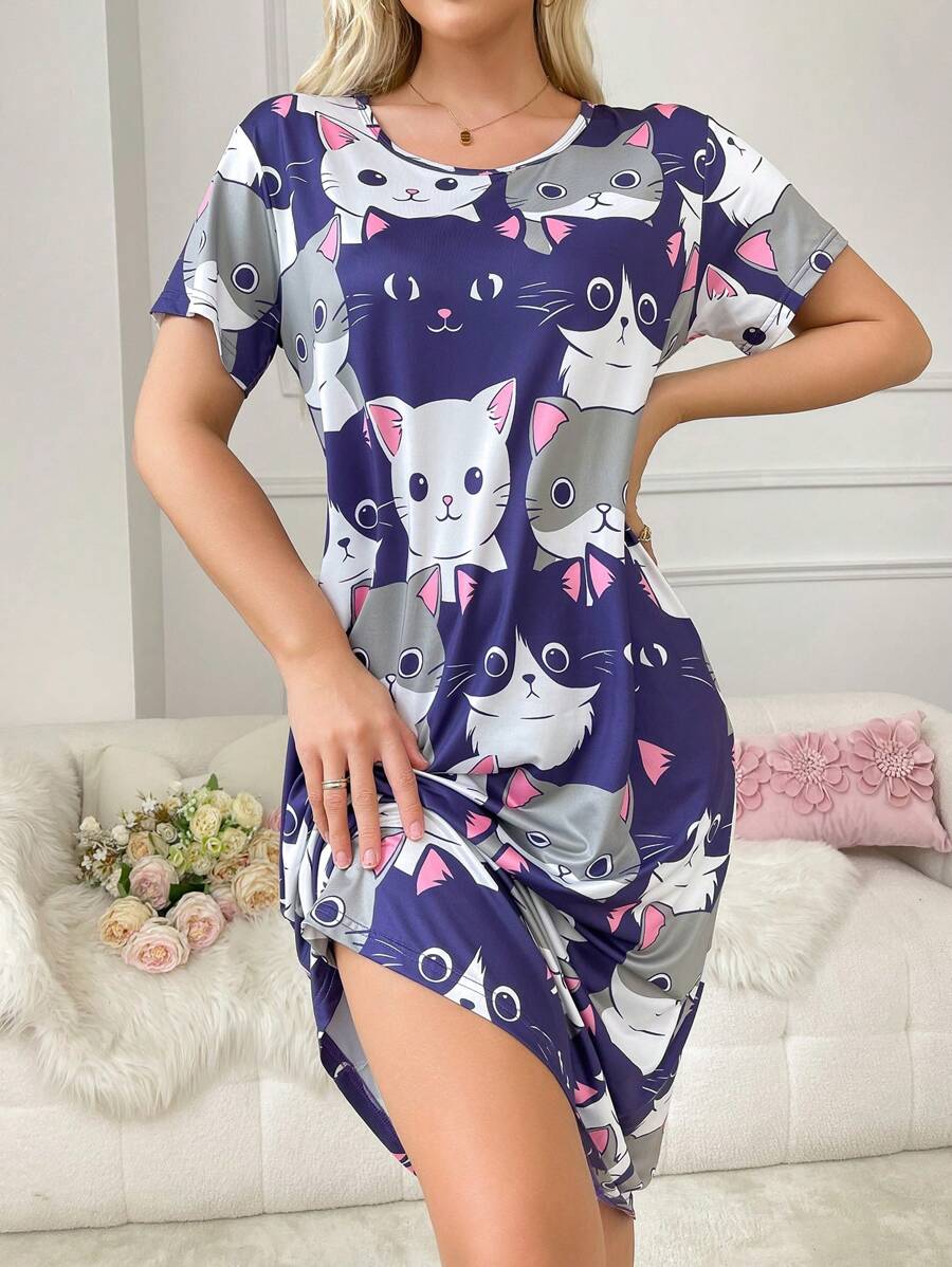 Women's Short Sleeve Sleep Dress Pajama Dress With Cat Pattern - Multicolor - View 1