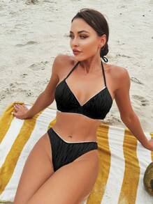 SHEIN Swim Women's Summer Beach Color Block Halter Strap Sexy Bikini Set With Underwire - Black - View 3