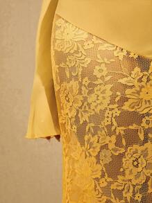 L'Amorae Buttery Yellow Lace Up Back Sheer Lace Long Sleeve Maxi Dress