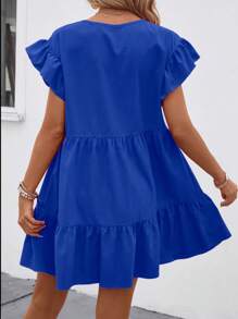 SHEIN LUNE Solid Ruffle Hem Smock Dress For Holiday - Royal Blue - View 2