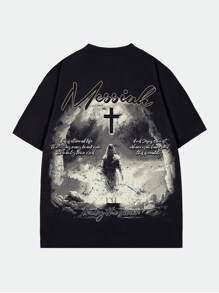 ROMWE MEN Street Life Men's Street Retro Graphic Print Oversized Short Sleeve T-Shirt
